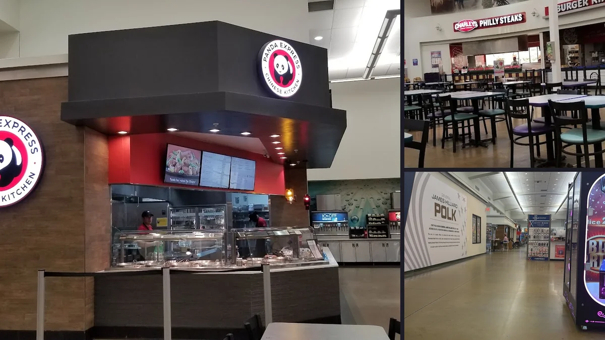 Food court seating with casual tables and chairs.