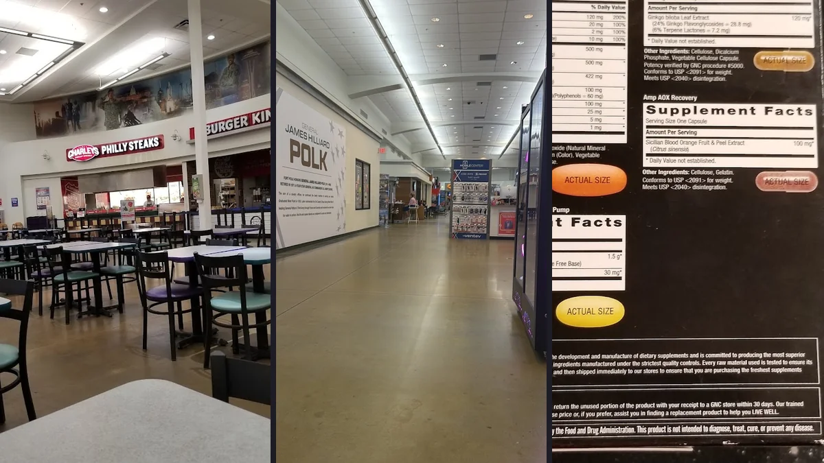 A casual dining space inside the food court.