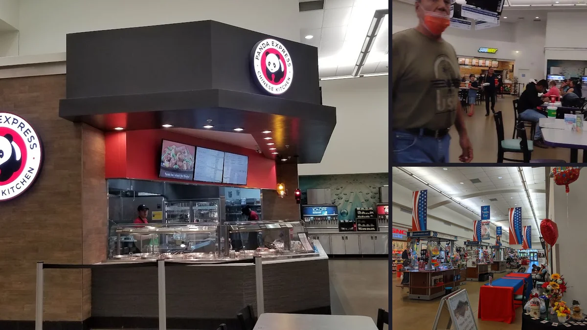 Food court seating with casual tables and chairs.