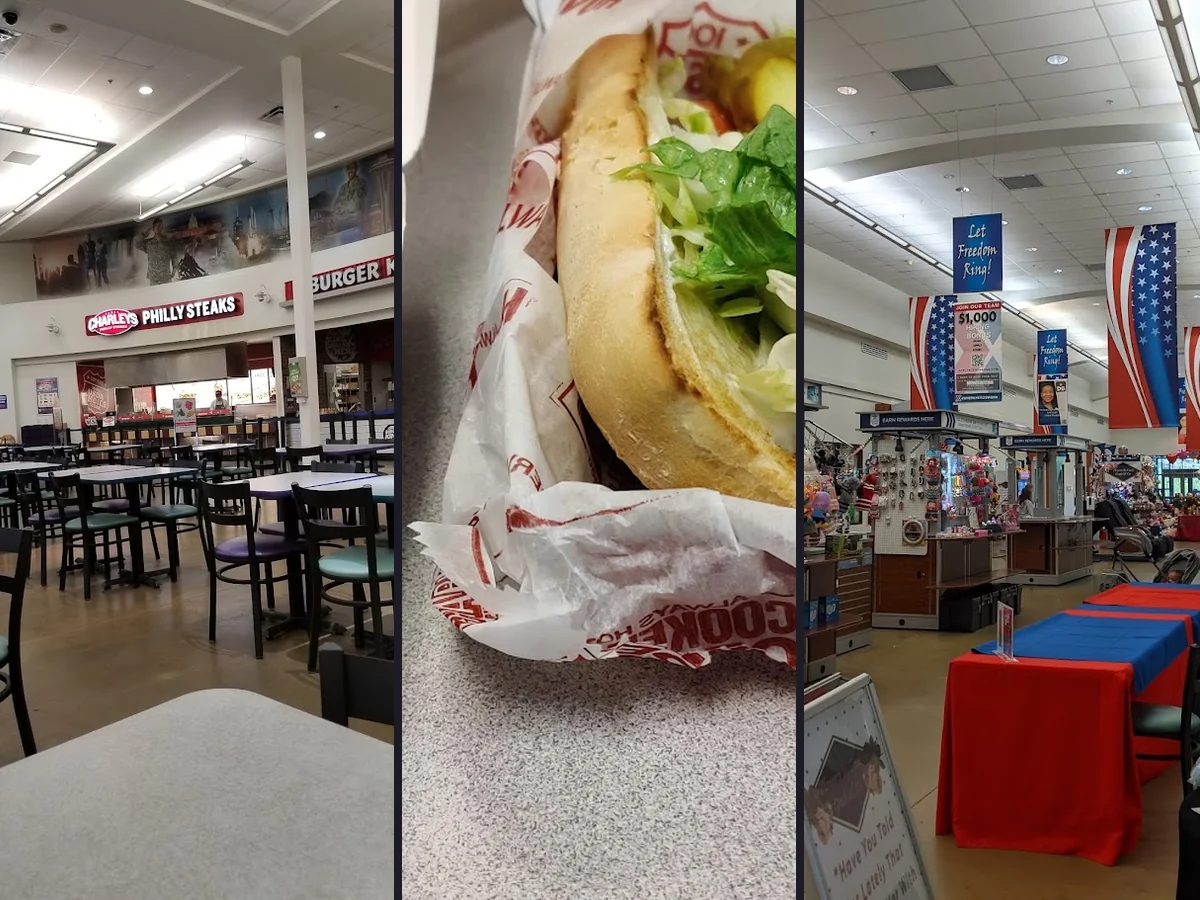 Simple food court tables under bright lighting.