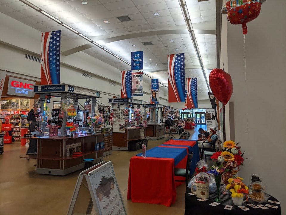 A casual dining space inside the food court.